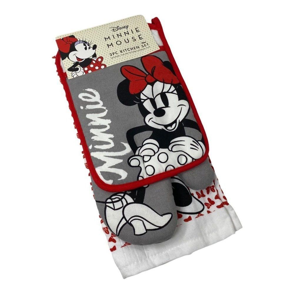 New Disney MINNIE MOUSE 3PC Kitchen Towel Oven Mitt Pot Holder Set Home Parks